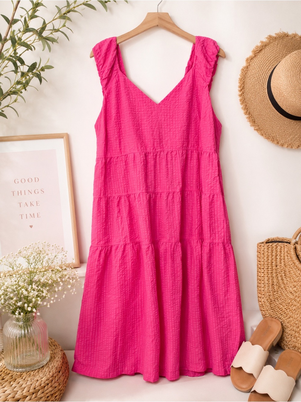 Old Navy Hot Pink Tiered V-Neck Maxi Dress